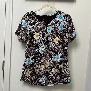 Healing Hands Brown & Yellow with blue flowers scrub top size medium